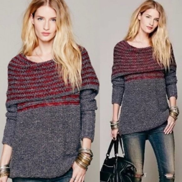 Free People Mohair Wool Linen Knit Engineer Sweater Grey Cowl Neck Fair‎ Isle XS - Picture 1 of 13